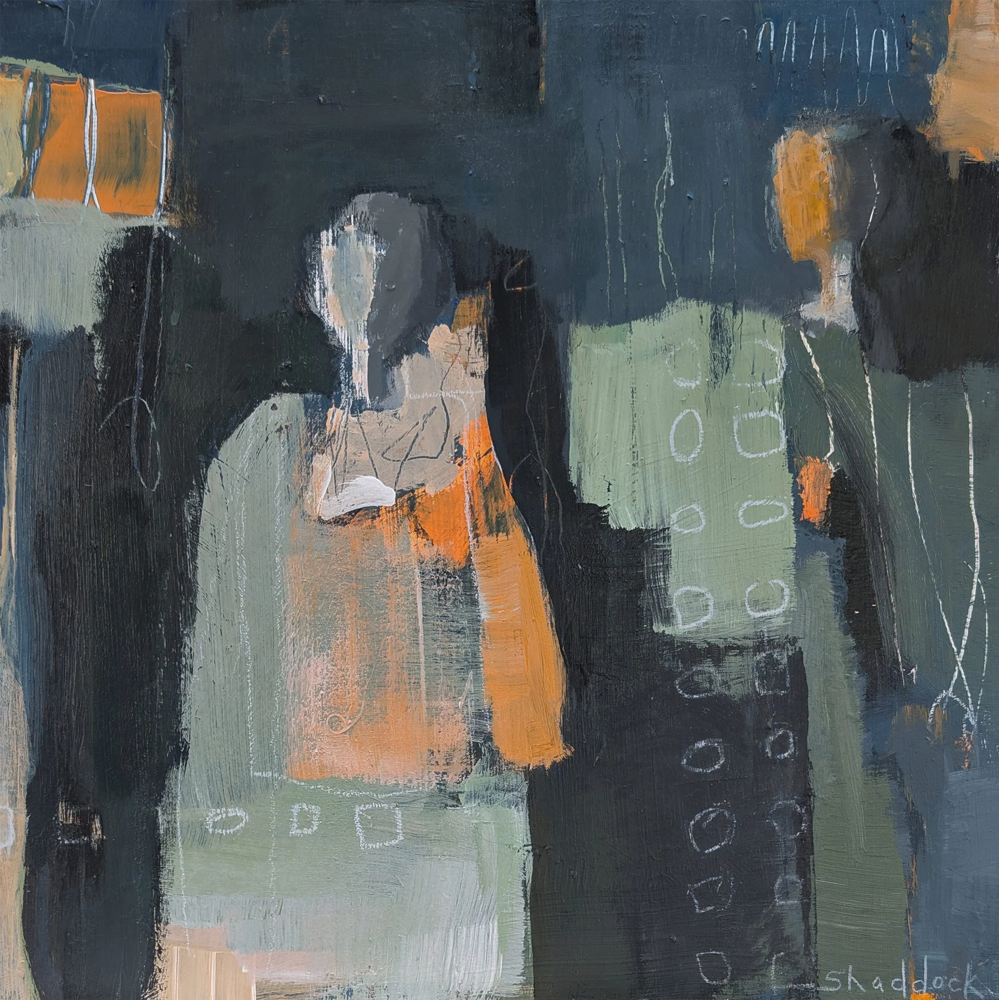 Abstract figurative painting with two figures in dark blue and green tones