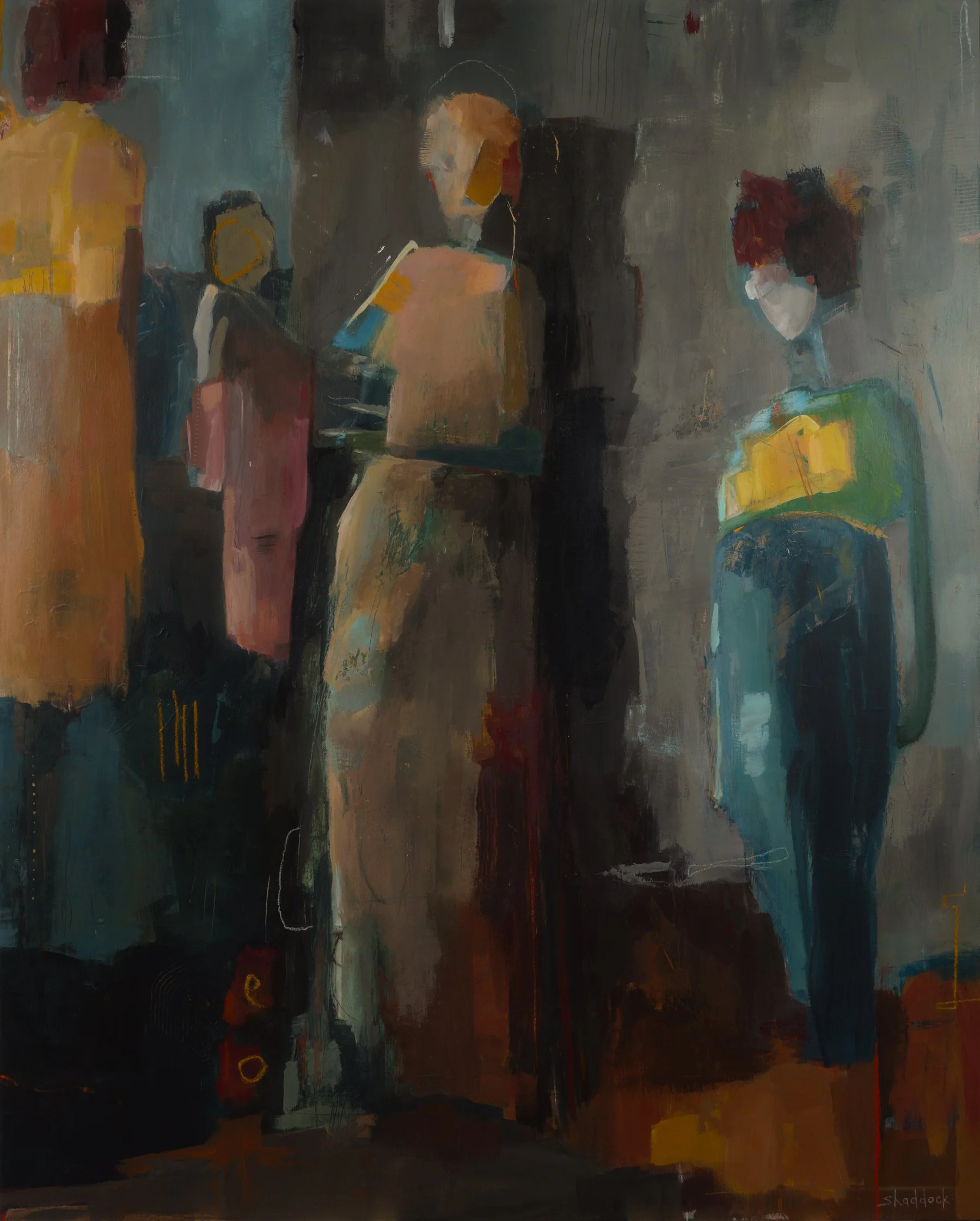 abstract figurative painting with elongated human figures and soft edges in a vertical composition with cool blue and green tones