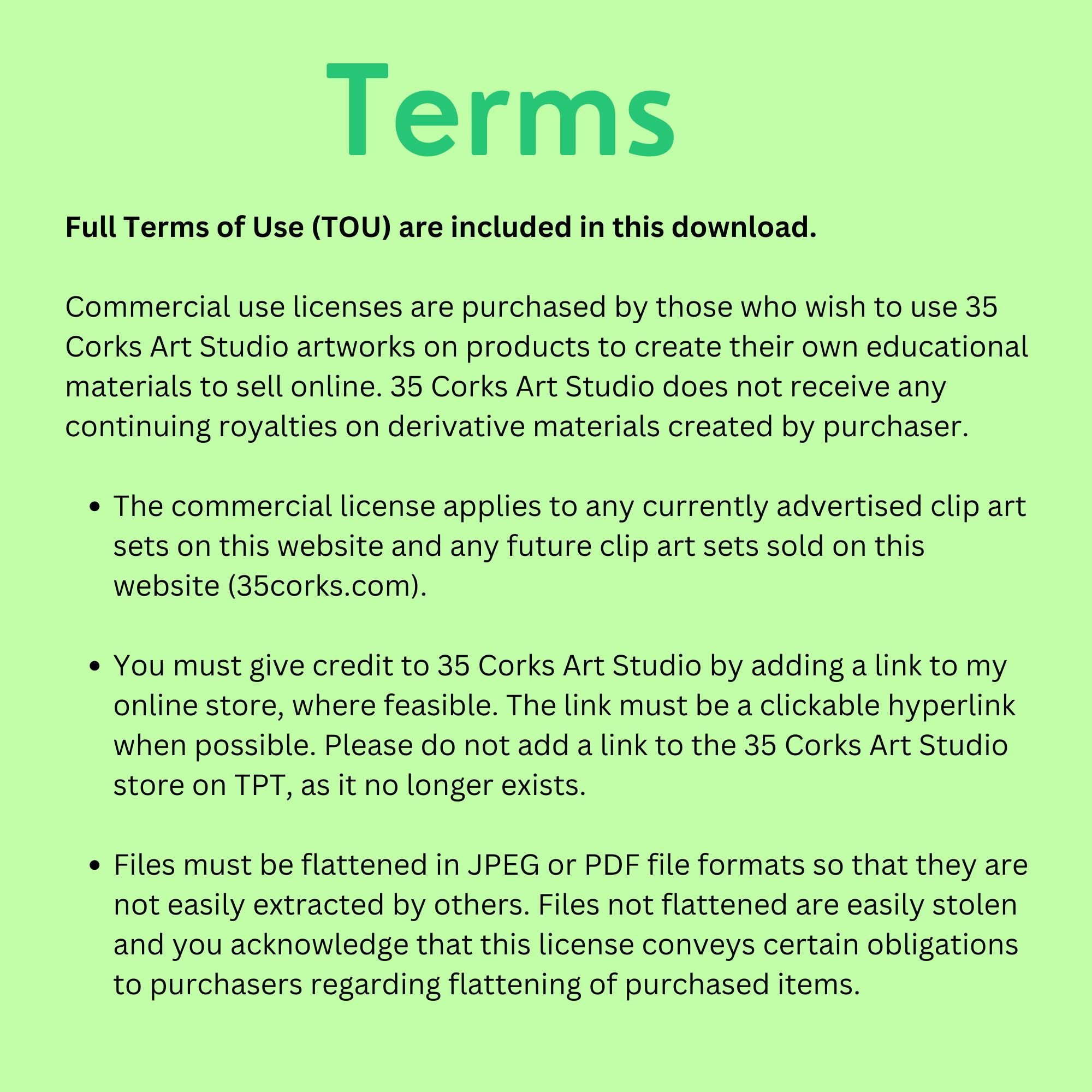 Terms of Use (general) for 35 Corks Art Studio clip art.