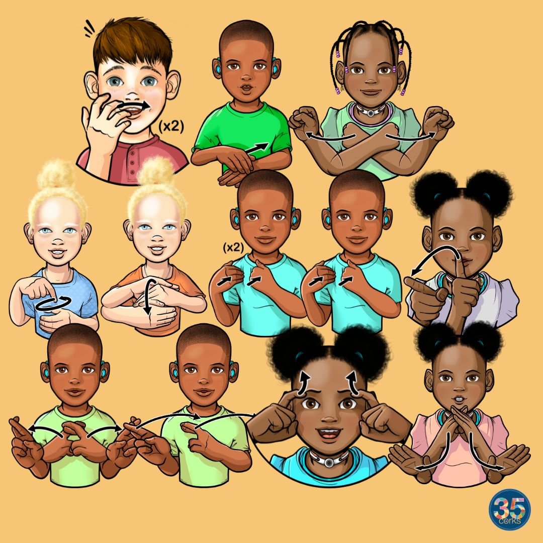 Various children signing different ASL American Sign Language words. These illustrations are examples of the colorized illustrations included in this digital download product by 35 Corks Art Studio.