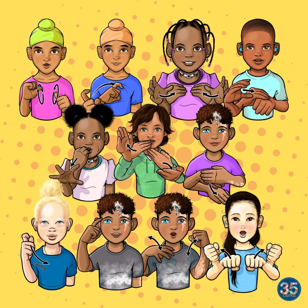 Various children illustrated, signing different ASL words, as part of the digital download, "More Action Words 2026" by 35 Corks Art Studio.
