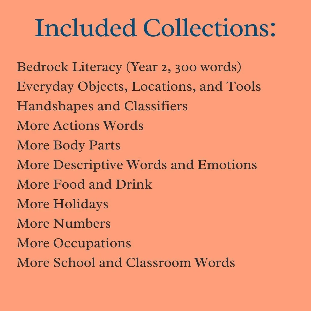 A list of all the included collections in the set. The set includes 11 full sets of ASL clip art by 35 Corks Art Studio. (Copy)