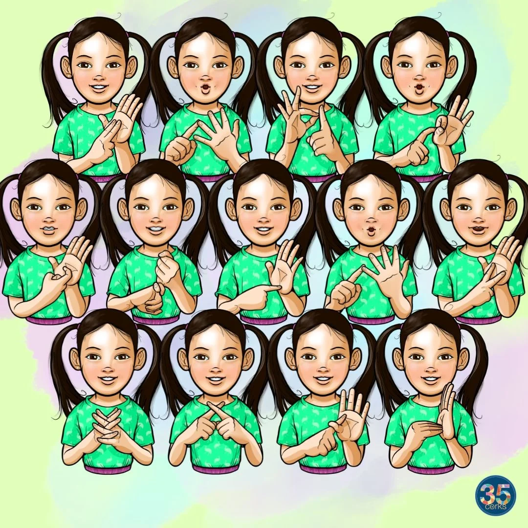 Examples of the girl signing Auslan alphabet letters.