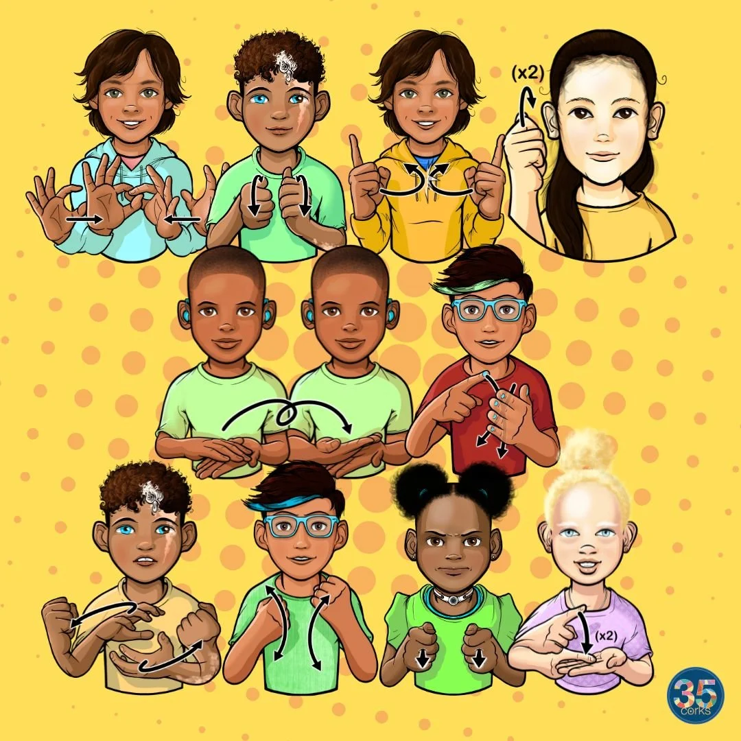 Various children illustrated, signing different ASL words, as part of the digital download, "More Action Words 2026" by 35 Corks Art Studio.