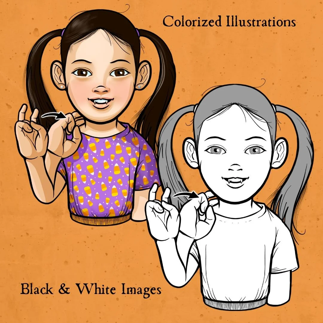 A girl signing ASL "vampire" in black and white image and colorized illustration, to show that both are included in the set.