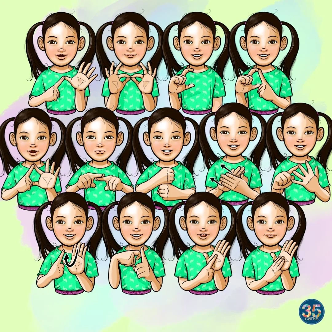 Examples of the girl signing Auslan alphabet letters.