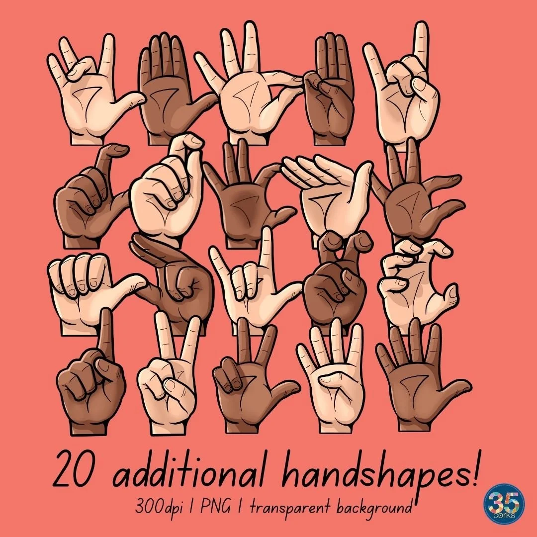 20 different hand shapes for American Sign Language ASL. It's a clip art set.