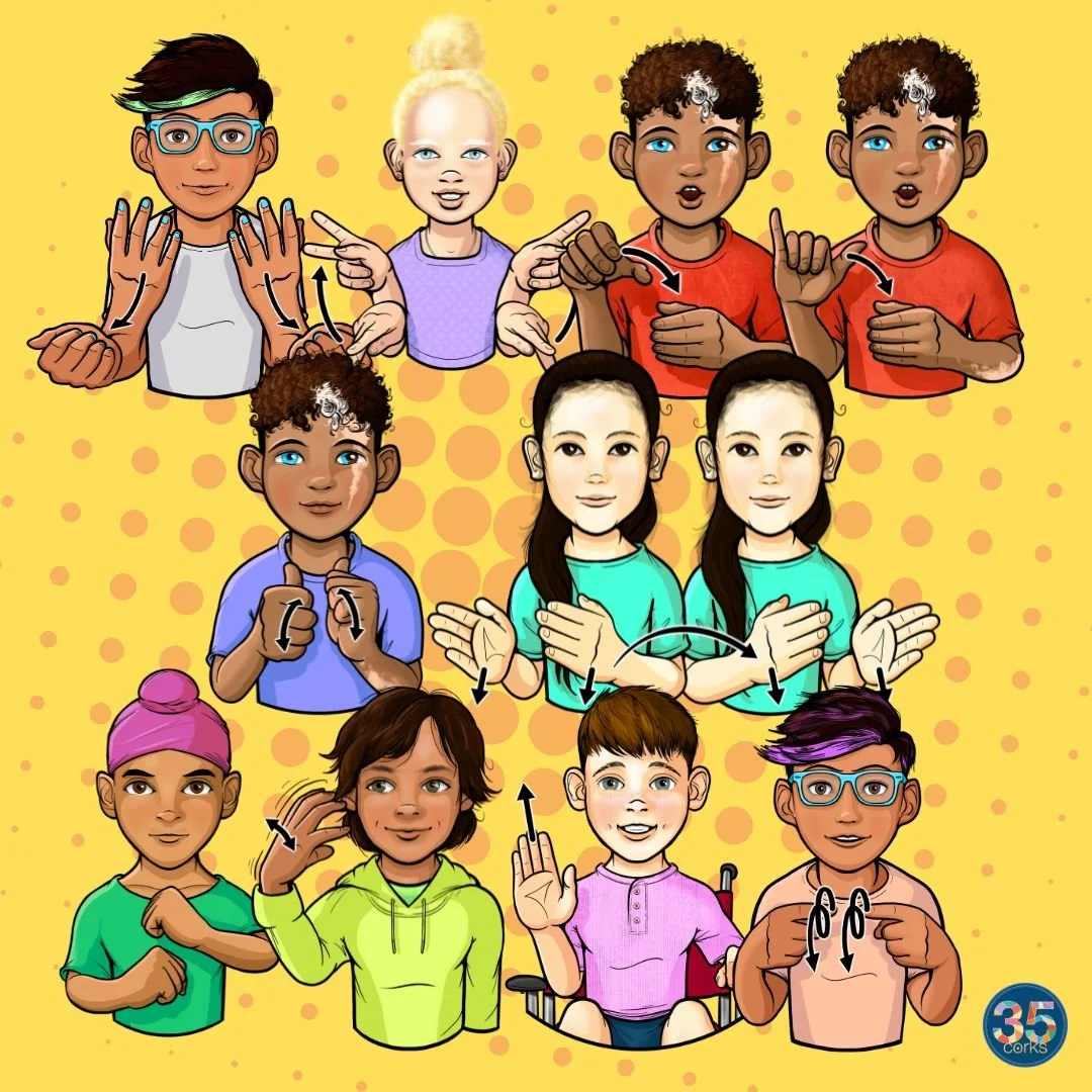 Various children illustrated, signing different ASL words, as part of the digital download, "More Action Words 2026" by 35 Corks Art Studio.