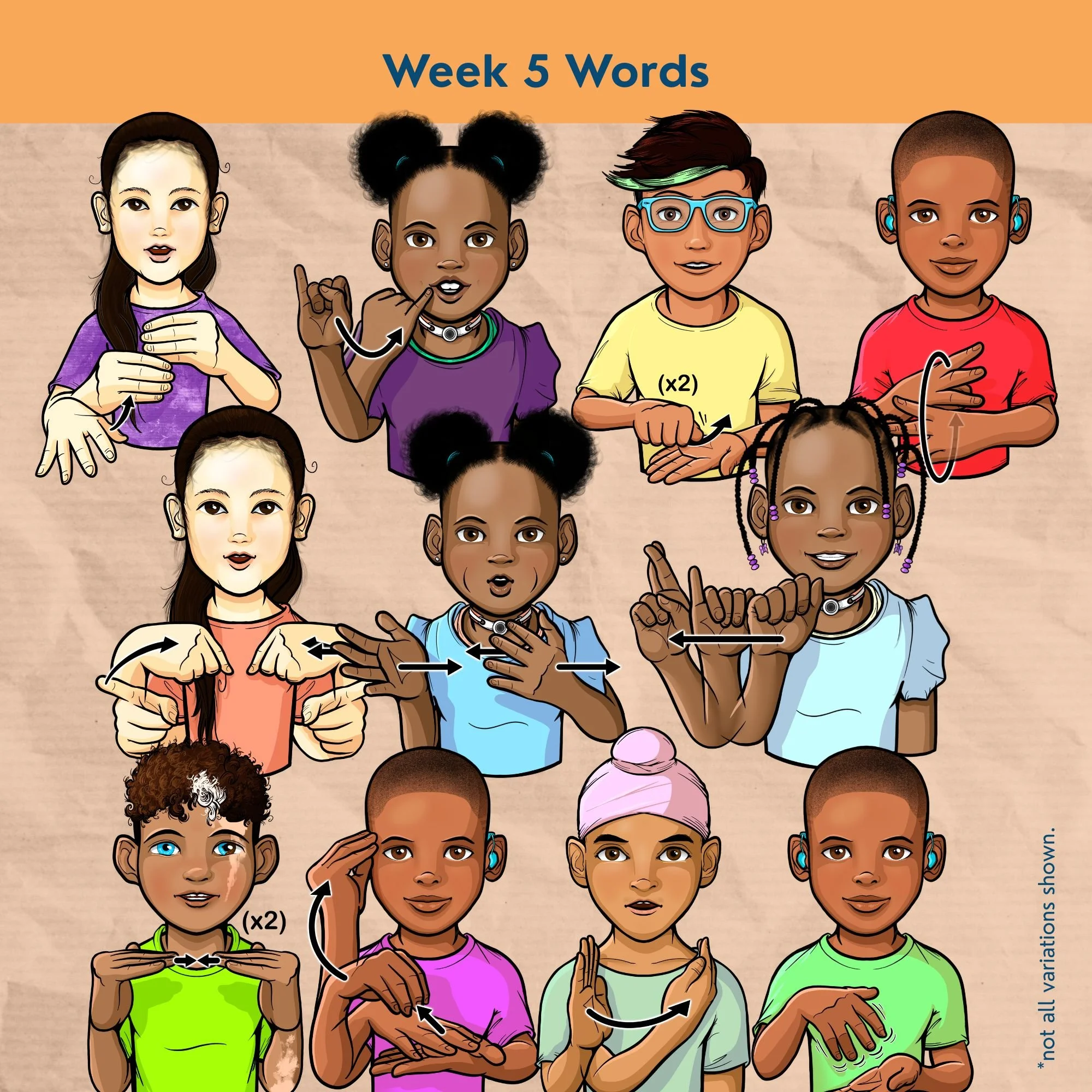 Various children signing Bedrock Literacy Year 2 words. This is a new ASL clip art set by 35 Corks Art Studio.