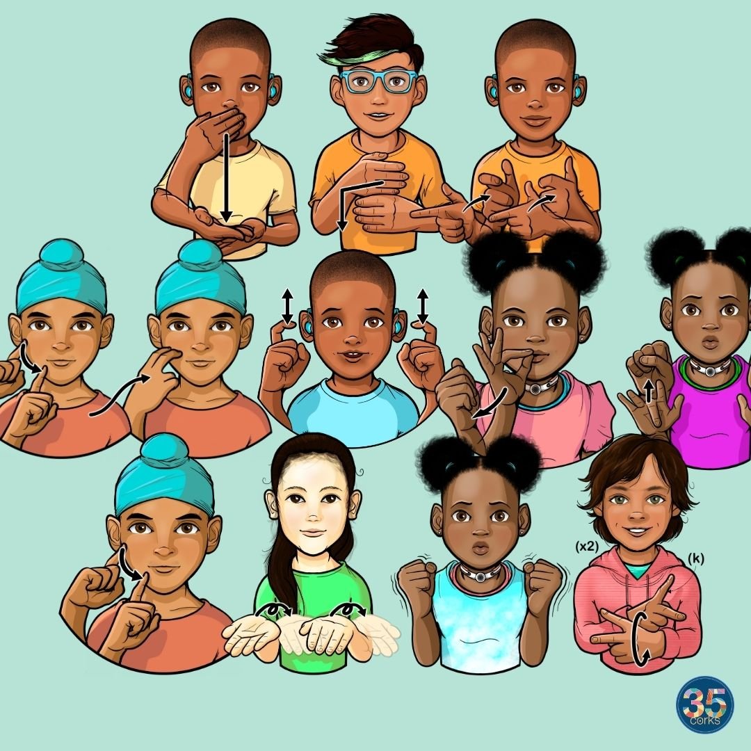 Various children signing different ASL American Sign Language words. These illustrations are examples of the colorized illustrations included in this digital download product by 35 Corks Art Studio.