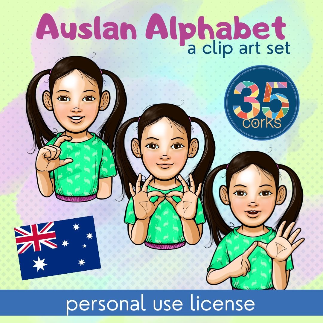 Auslan Alphabet clip art set by 35 Corks Art Studio. Three example illustrations show the girl in a green emu dress signing the letters A, B, and C.