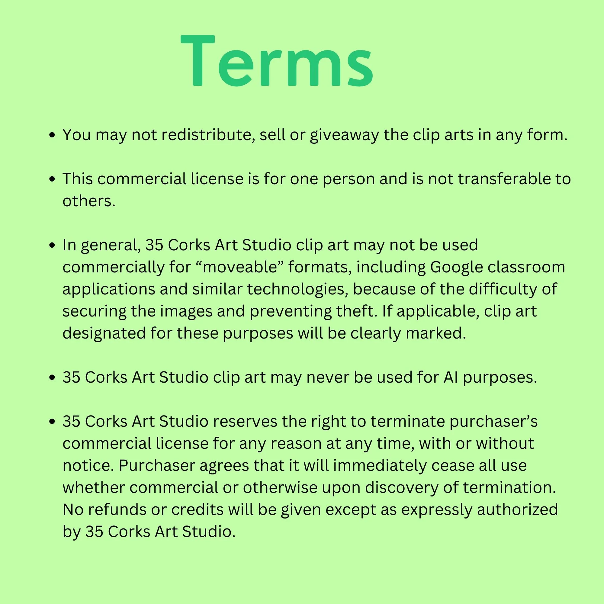 General terms of use for the 35 Corks Art Studio clip art.