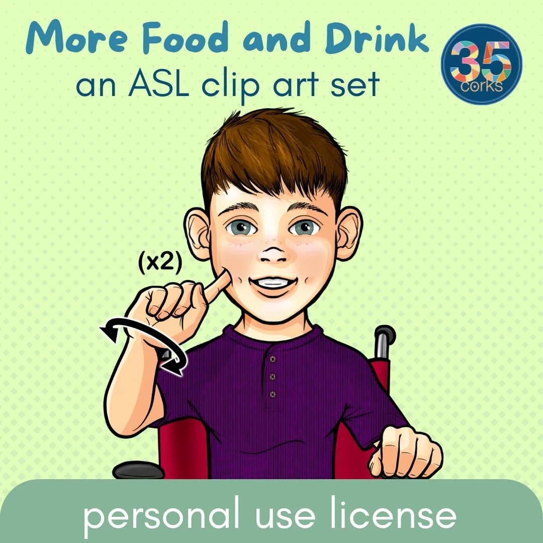Title image for the new ASL clip art set - Food and Drinks by 35 Corks Art Studio. A boy in a purple shirt and red wheelchair is signing the word CANDY.