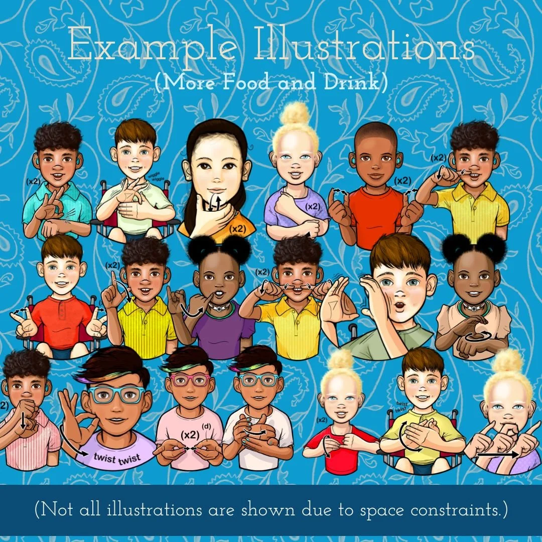 Variety of children signing ASL words, as drawn by 35 Corks Art Studio. (Copy)