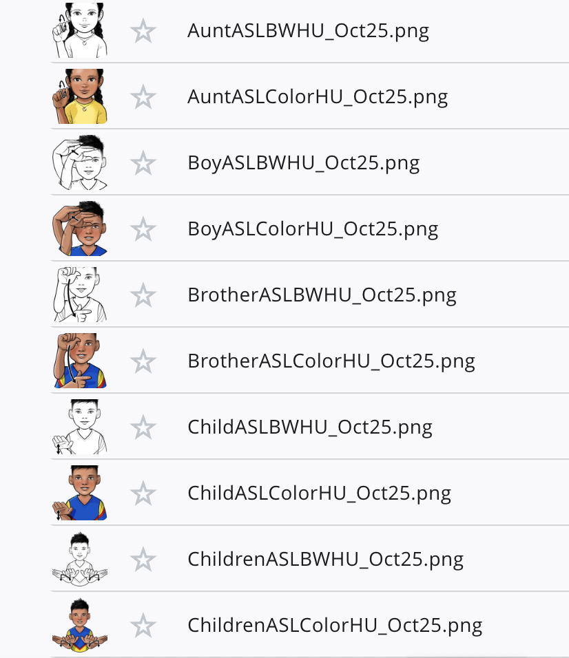 Screenshot of custom-drawn illustrations for Hands United dictionaries. The drawings feature a Mexican boy and girl signing in ASL, American Sign Language.