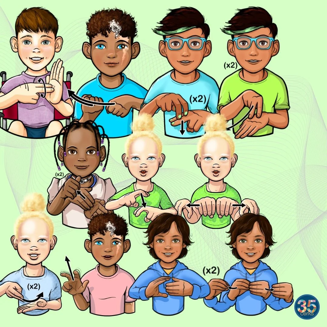 Example images of children signing ASL for the Everyday Objects, Locations, and Tools ASL clip art set by 35 Corks Art Studio.