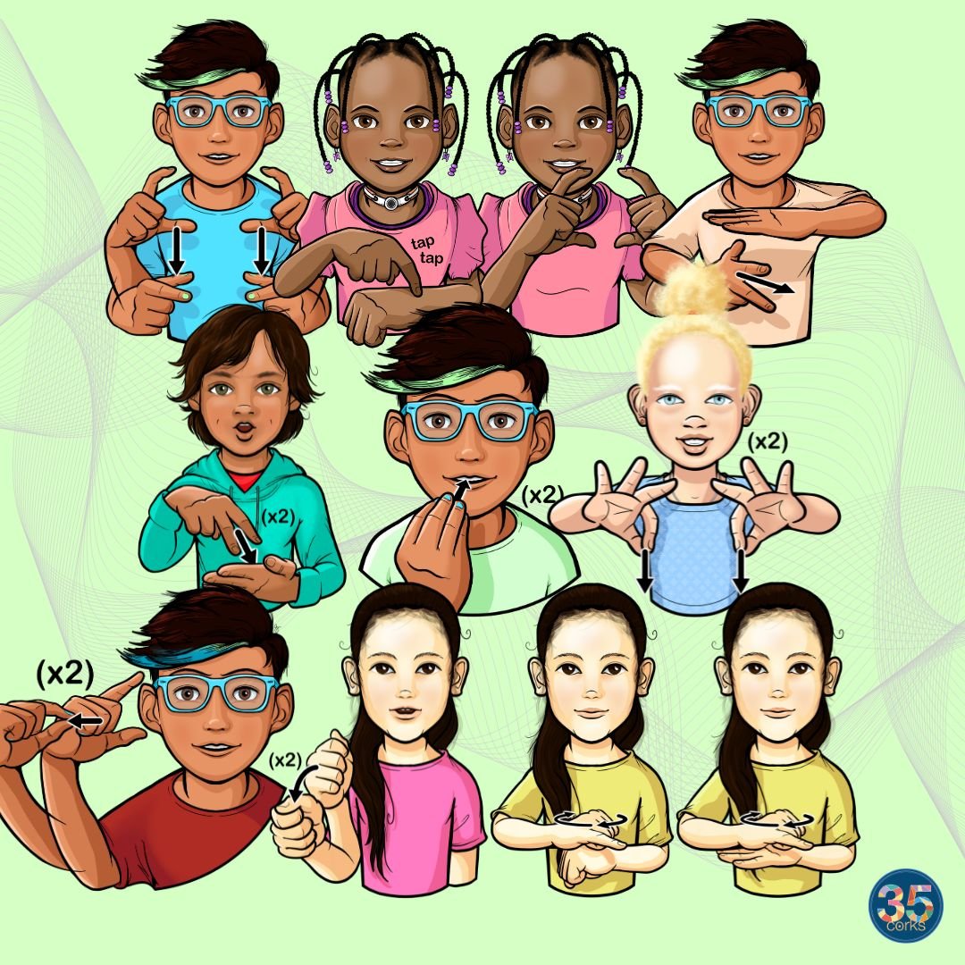 Example images of children signing ASL for the Everyday Objects, Locations, and Tools ASL clip art set by 35 Corks Art Studio.
