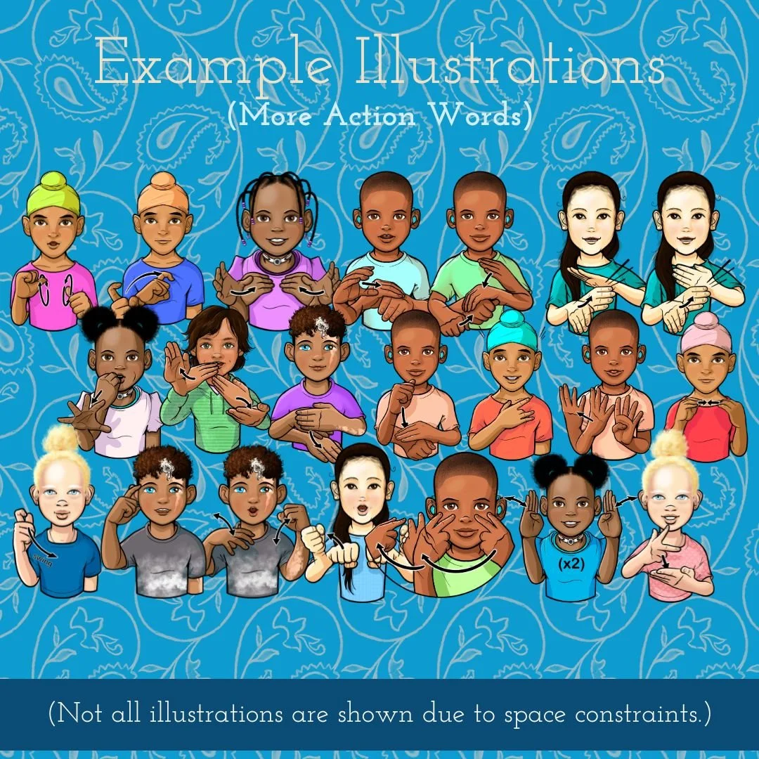 Variety of children signing ASL words, as drawn by 35 Corks Art Studio. (Copy)
