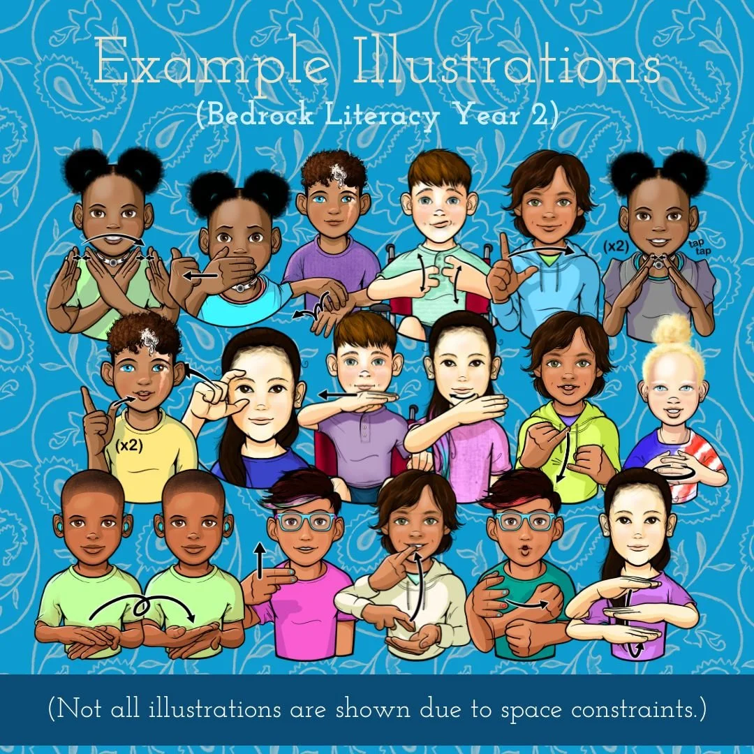 Variety of children signing ASL words, as drawn by 35 Corks Art Studio. (Copy)