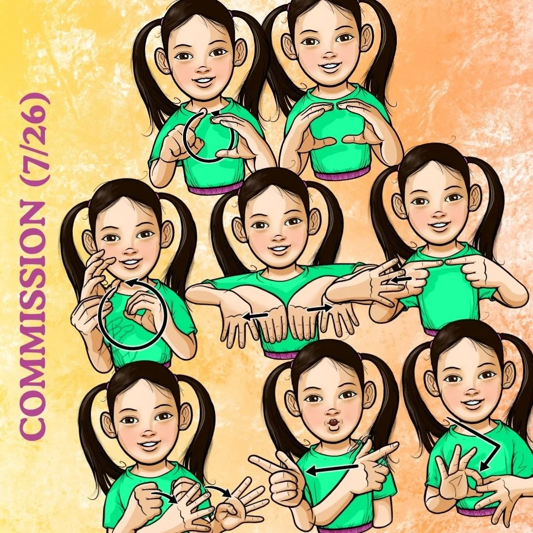 Examples of commissioned clip art of a girl using ASL to sign various thinking maps.