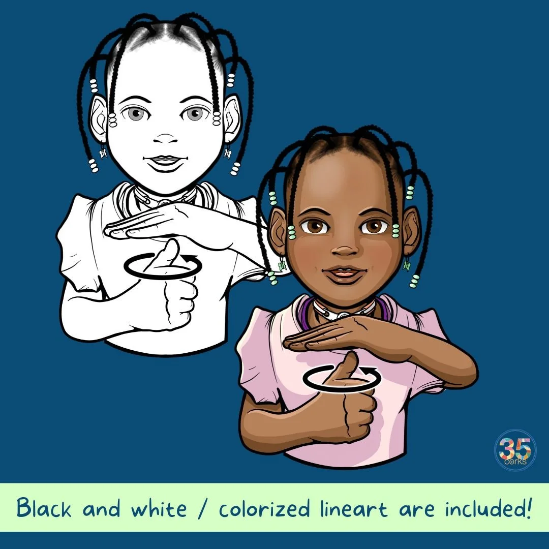 Examples of black and white line art and colorized illustrations for the Everyday Objects, Locations, and Tools ASL clip art set by 35 Corks Art Studio.