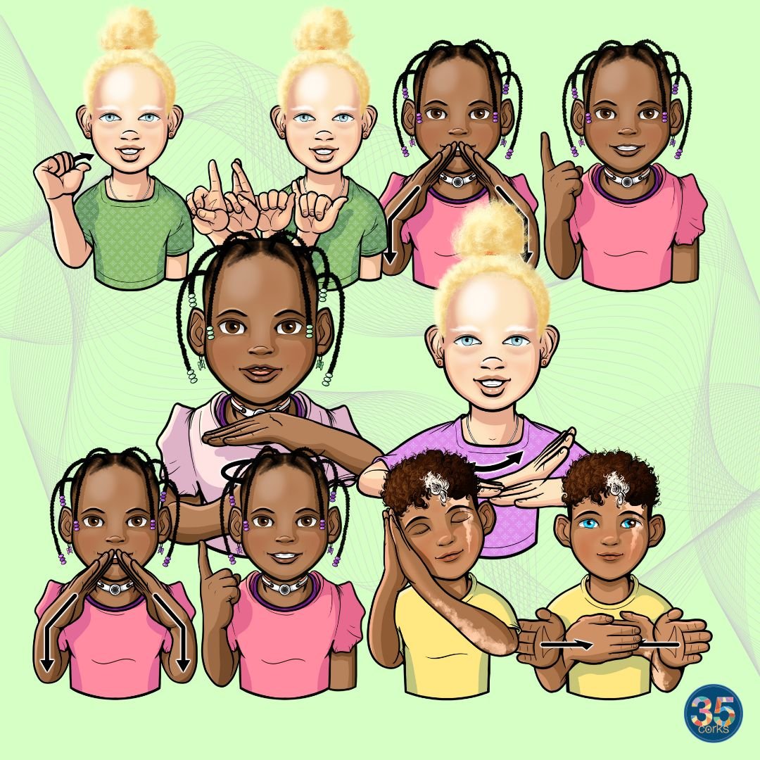 Example images of children signing ASL for the Everyday Objects, Locations, and Tools ASL clip art set by 35 Corks Art Studio.