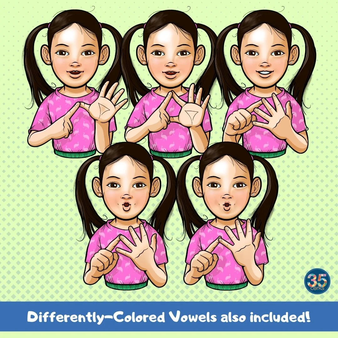 Differently-colored vowels are also included in the set. This shows examples of the five vowels being signed by the girl in a pink emu dress.
