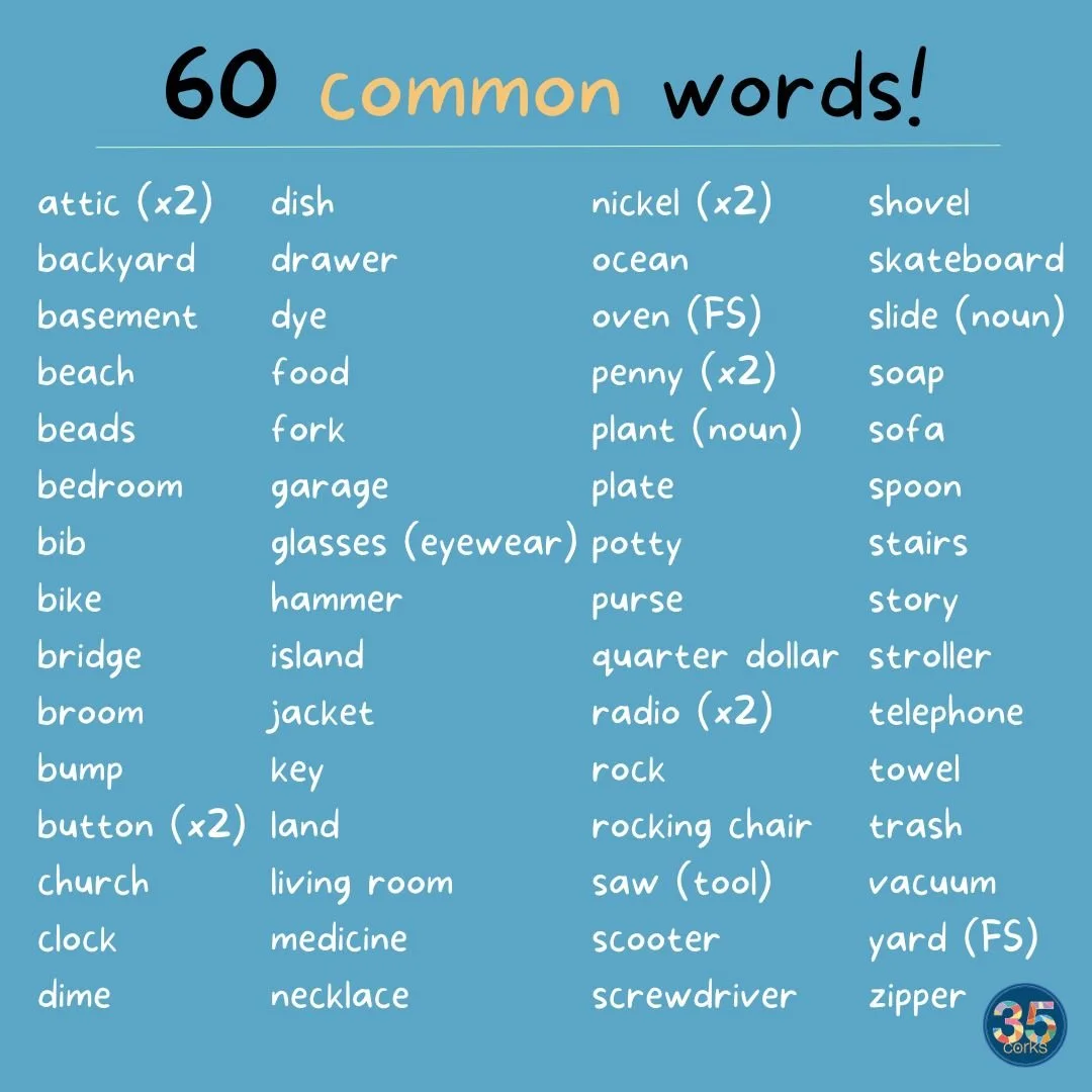 List of all the words found in the ASL clip art set by 35 Corks Art Studio.