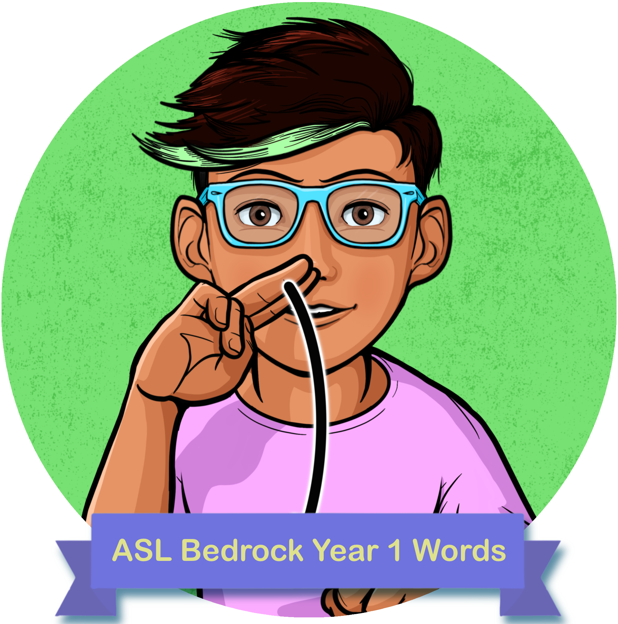 Child signing ASL, with a ribbon that said, "ASL Bedrock Year 1 Words". This is a thumbnail for a digital product. 