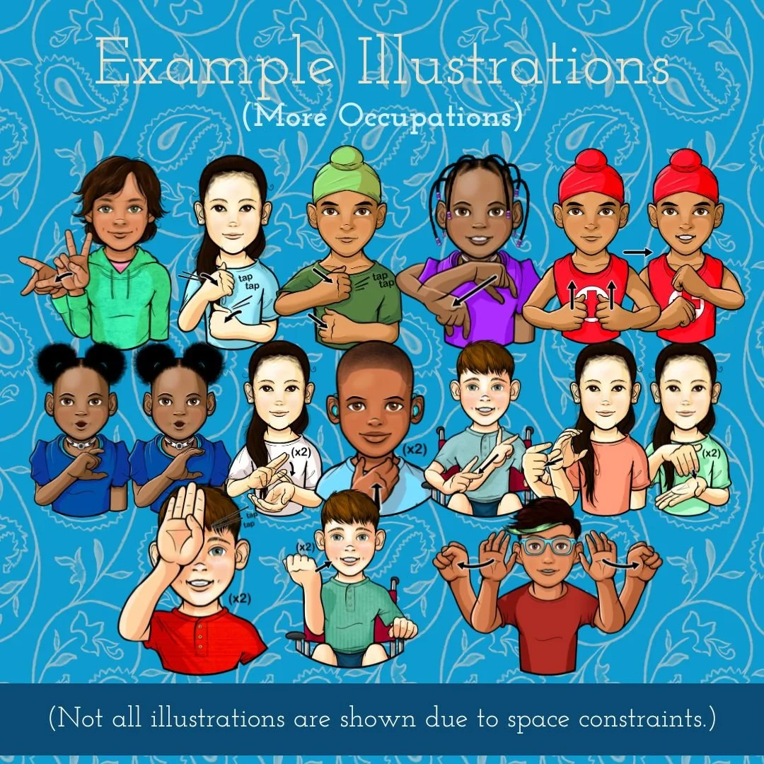 Variety of children signing ASL words, as drawn by 35 Corks Art Studio. (Copy)