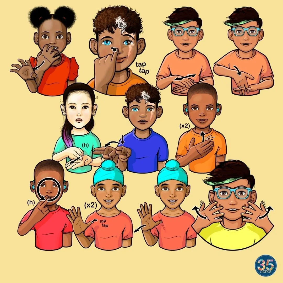 Various children signing different ASL American Sign Language words. These illustrations are examples of the colorized illustrations included in this digital download product by 35 Corks Art Studio.