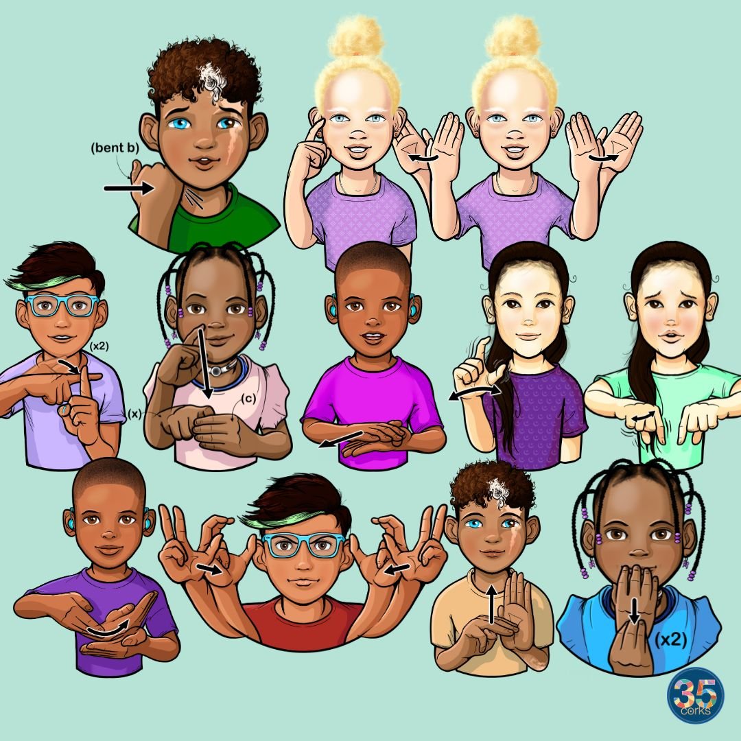 Various children signing different ASL American Sign Language words. These illustrations are examples of the colorized illustrations included in this digital download product by 35 Corks Art Studio.