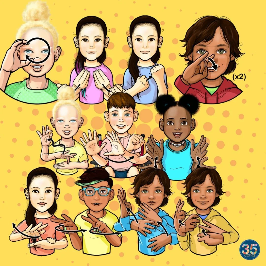 Various children illustrated, signing different ASL words, as part of the digital download, "More Action Words 2026" by 35 Corks Art Studio.