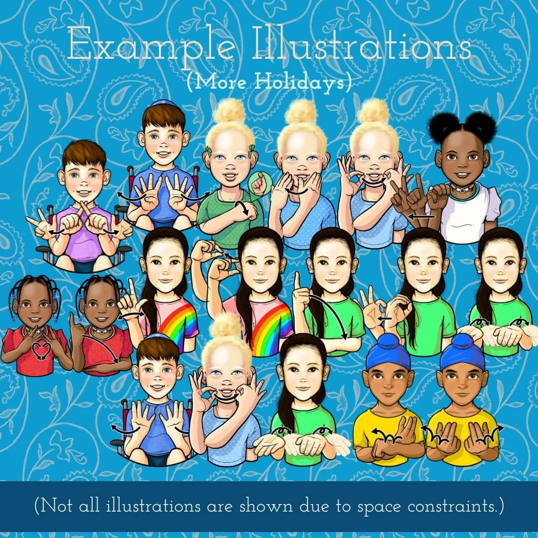 Variety of children signing ASL words, as drawn by 35 Corks Art Studio. (Copy)