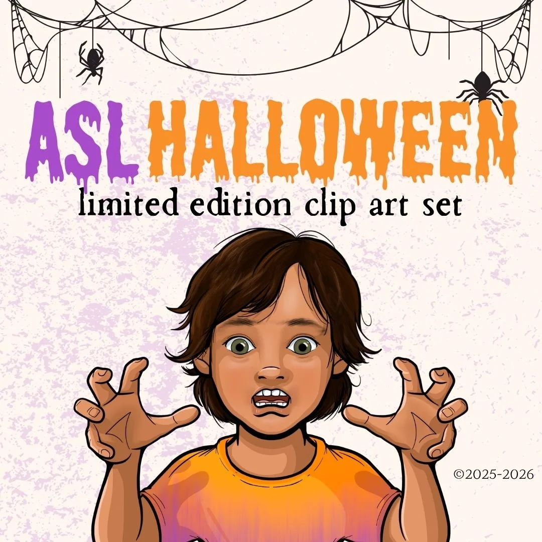 ASL Halloween Clip Art Set (limited edition. This artwork shows a boy in colorful clothing signing the ASL word "Monster". There are spiders and webs hanging from the top of the image.