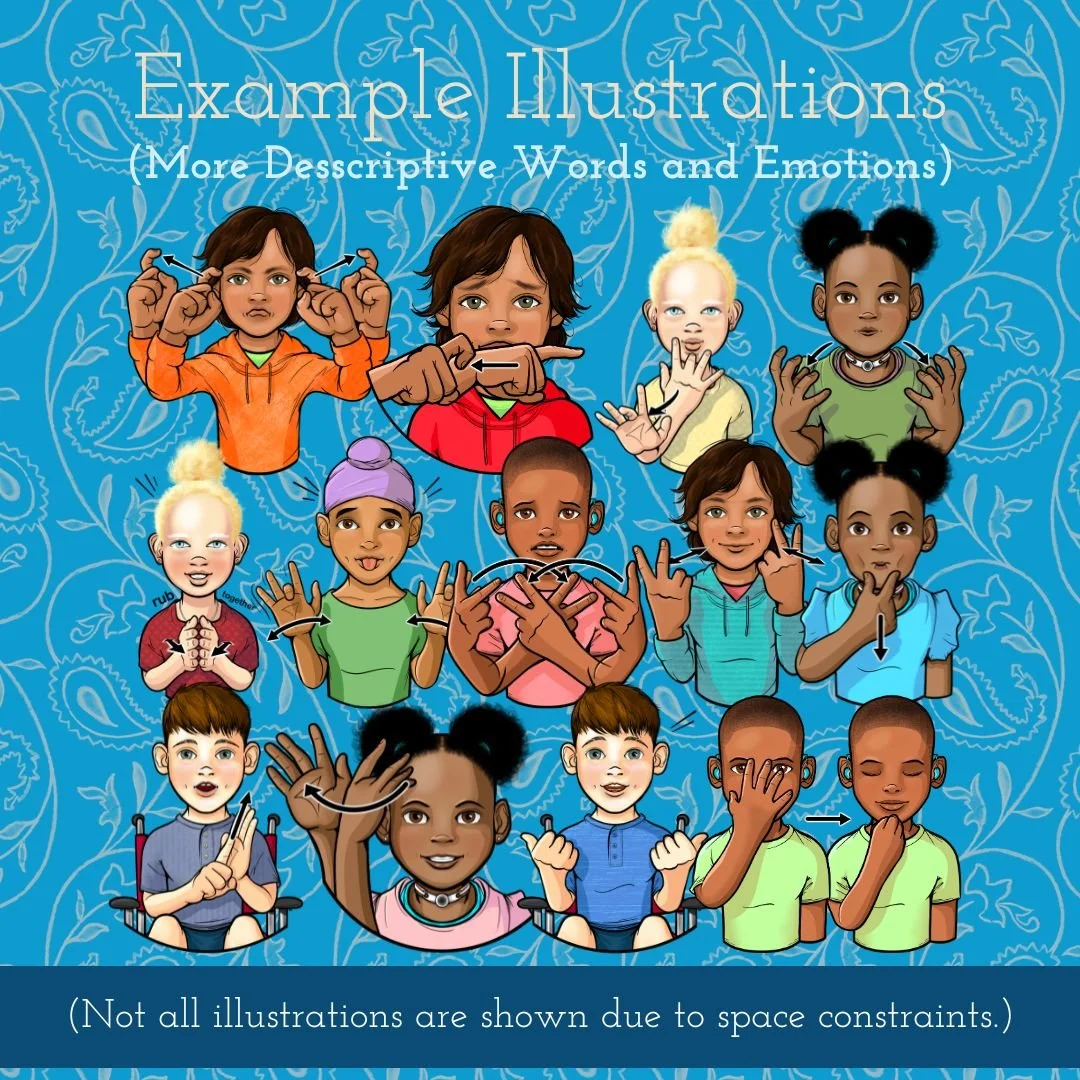 Variety of children signing ASL words, as drawn by 35 Corks Art Studio. (Copy)