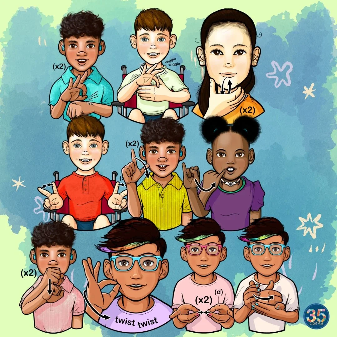 Various children signing different ASL American Sign Language words. These illustrations are examples of the colorized illustrations included in this digital download product by 35 Corks Art Studio.