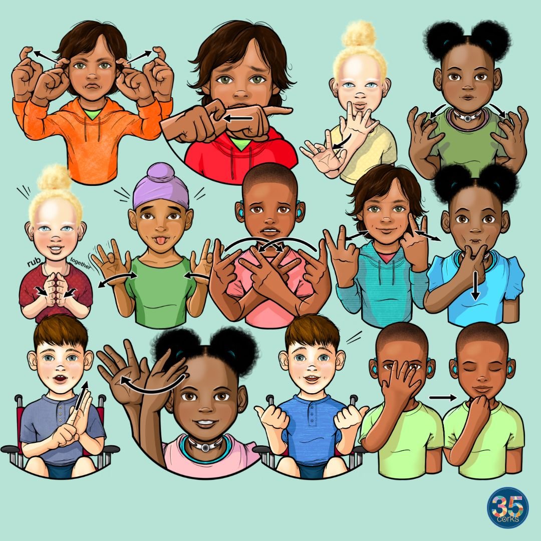 Various children signing different ASL American Sign Language words. These illustrations are examples of the colorized illustrations included in this digital download product by 35 Corks Art Studio.