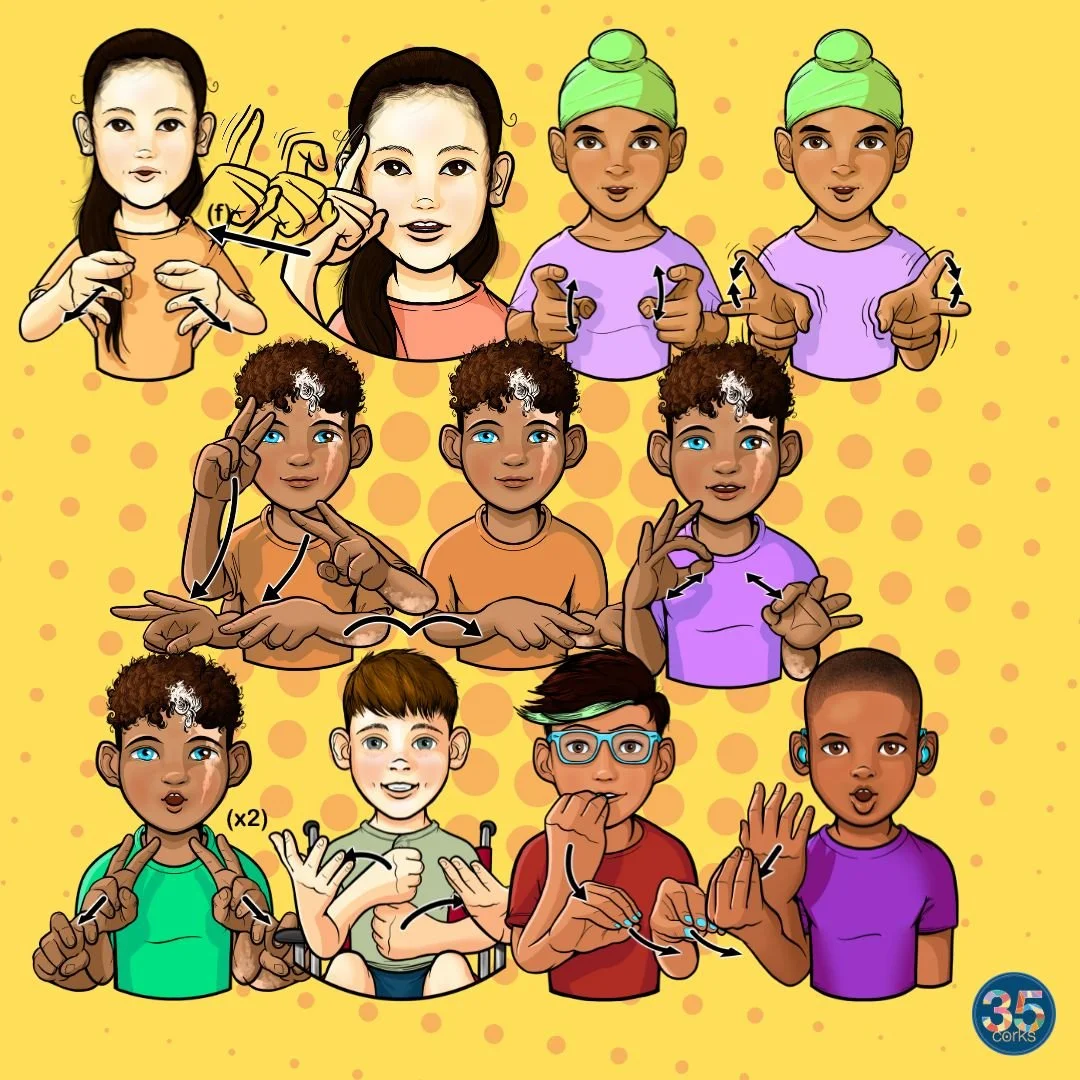 Various children illustrated, signing different ASL words, as part of the digital download, "More Action Words 2026" by 35 Corks Art Studio.