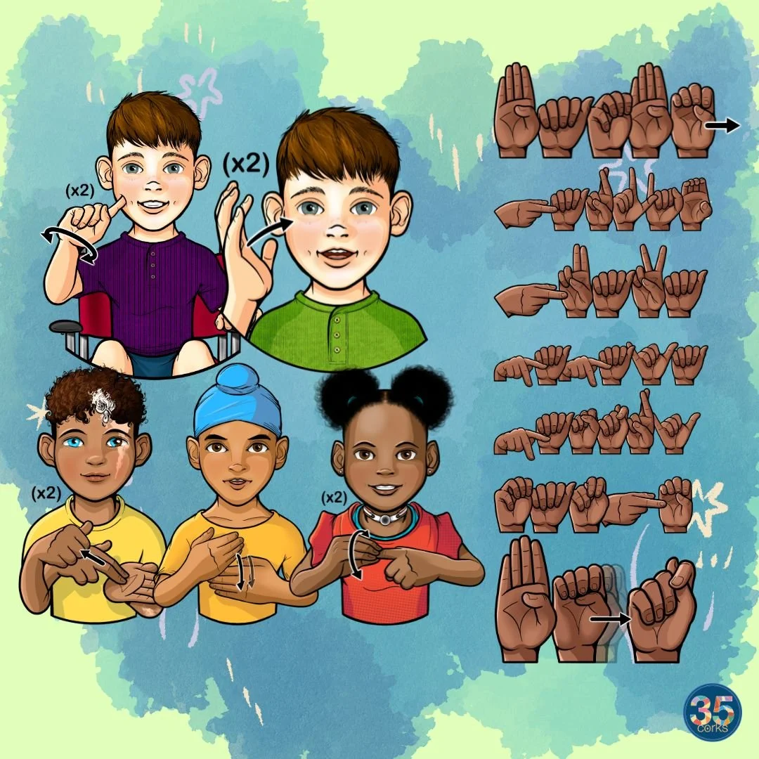 Various children signing different ASL American Sign Language words. These illustrations are examples of the colorized illustrations included in this digital download product by 35 Corks Art Studio.