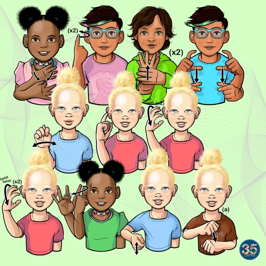 Example images of children signing ASL for the Everyday Objects, Locations, and Tools ASL clip art set by 35 Corks Art Studio.