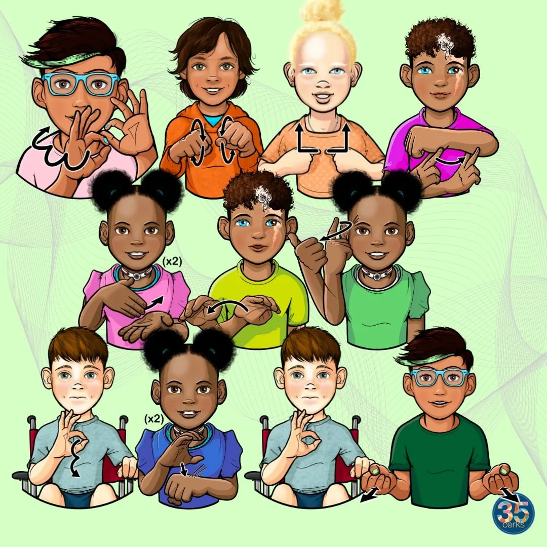 Example images of children signing ASL for the Everyday Objects, Locations, and Tools ASL clip art set by 35 Corks Art Studio.