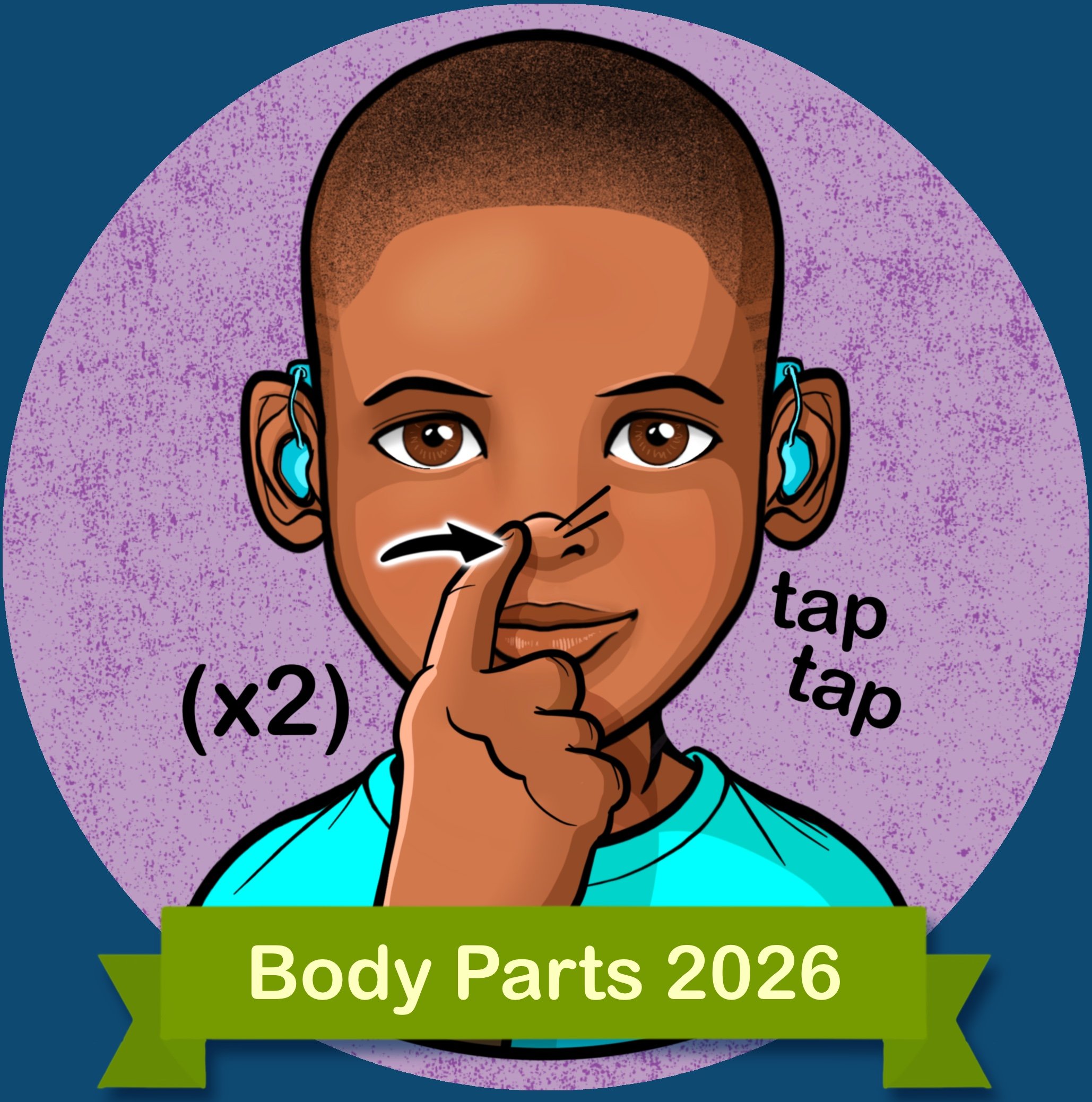 Boy with hearing aids signing "NOSE" in American Sign Language as a thumbnail for a digital download product. 
