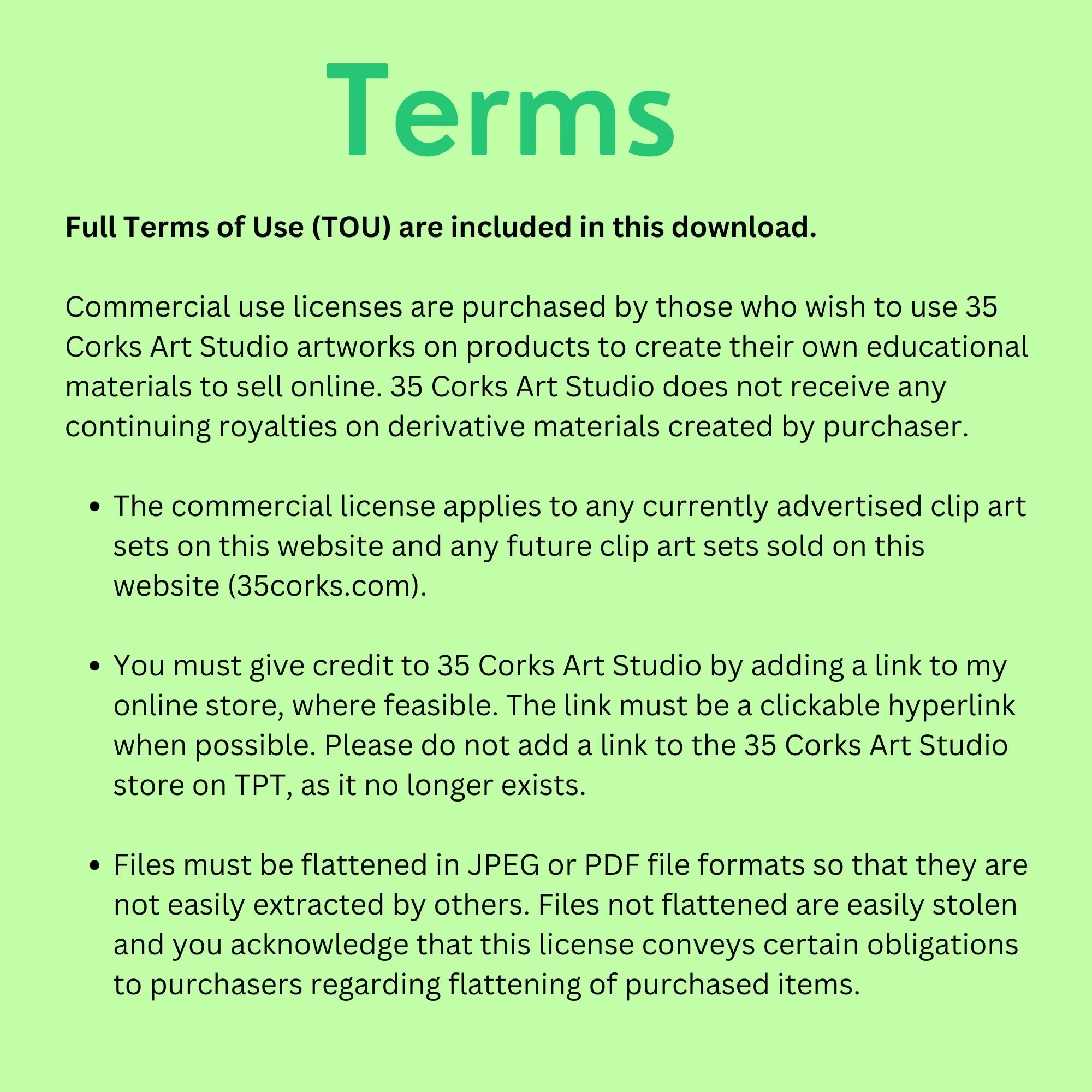 General terms of use for the 35 Corks Art Studio clip art.