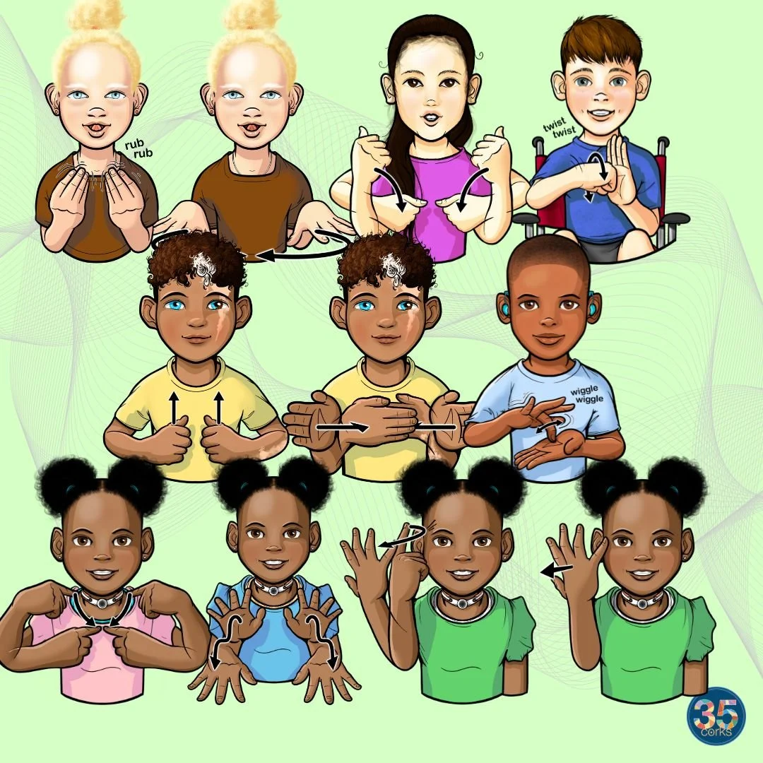 Example images of children signing ASL for the Everyday Objects, Locations, and Tools ASL clip art set by 35 Corks Art Studio.