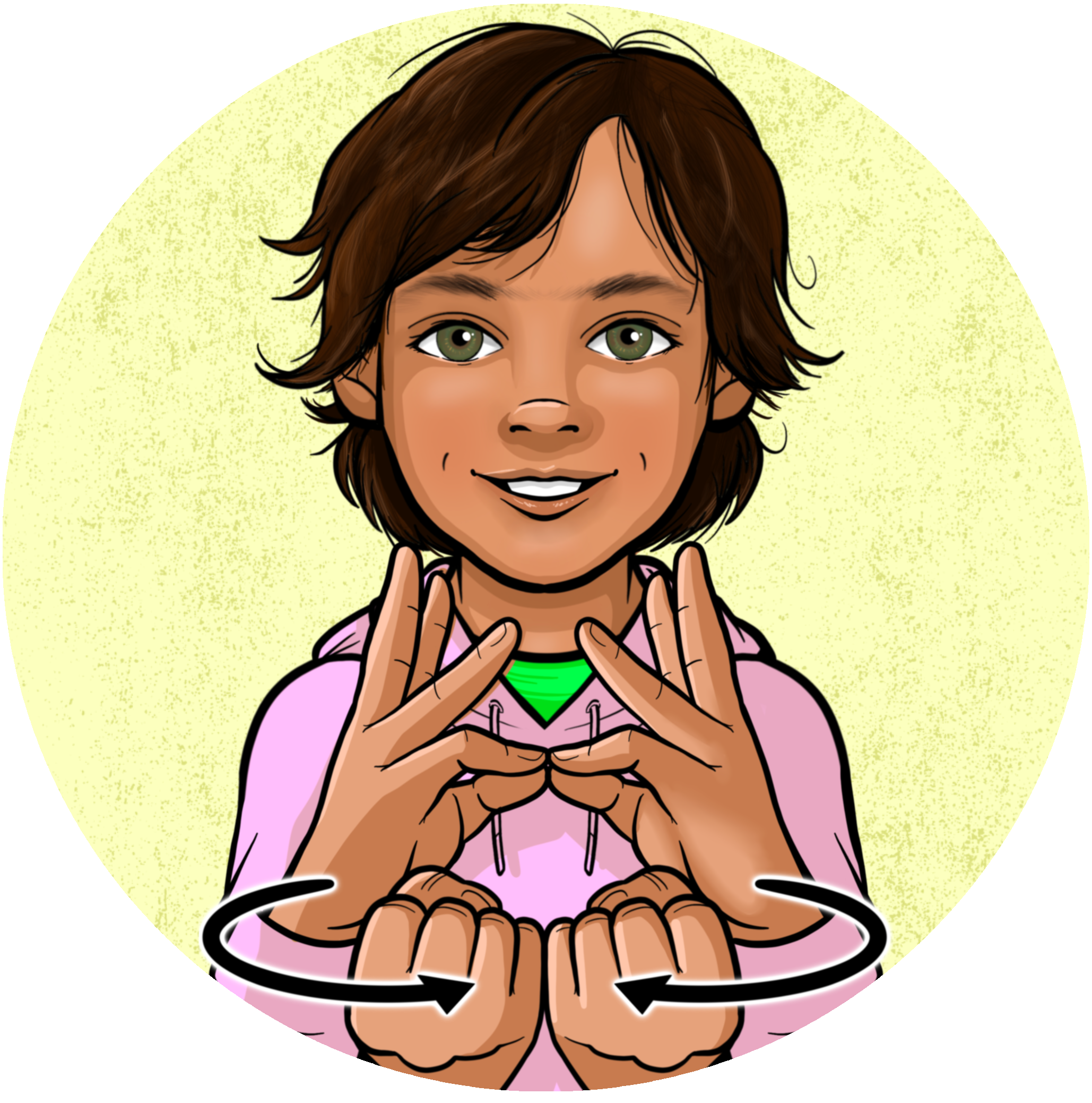 A boy with floppy hair, signing "WORKSHOP" in American Sign Language.