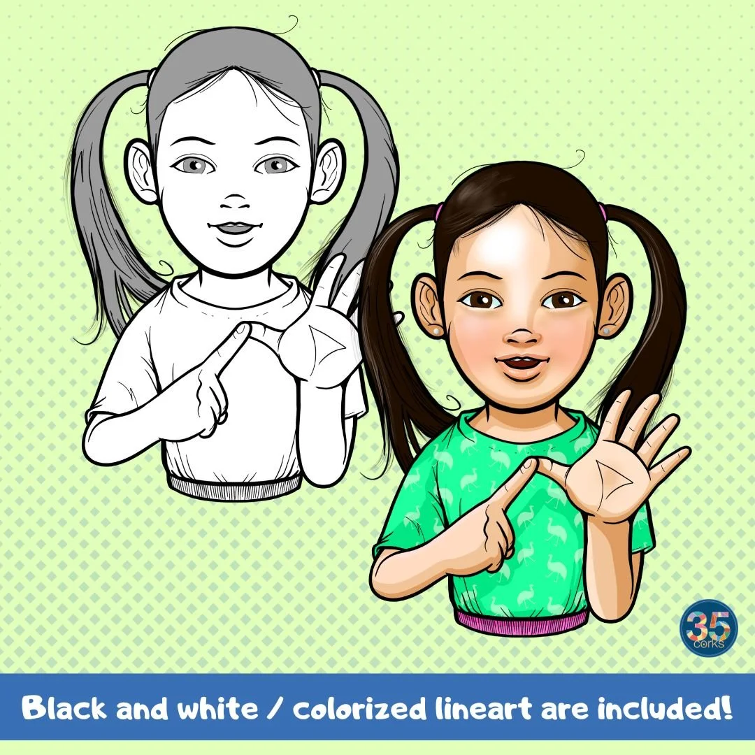 Black and white line art and colorized illustrations are included in the set. Here is an example of the girl signing the letter A in Auslan.