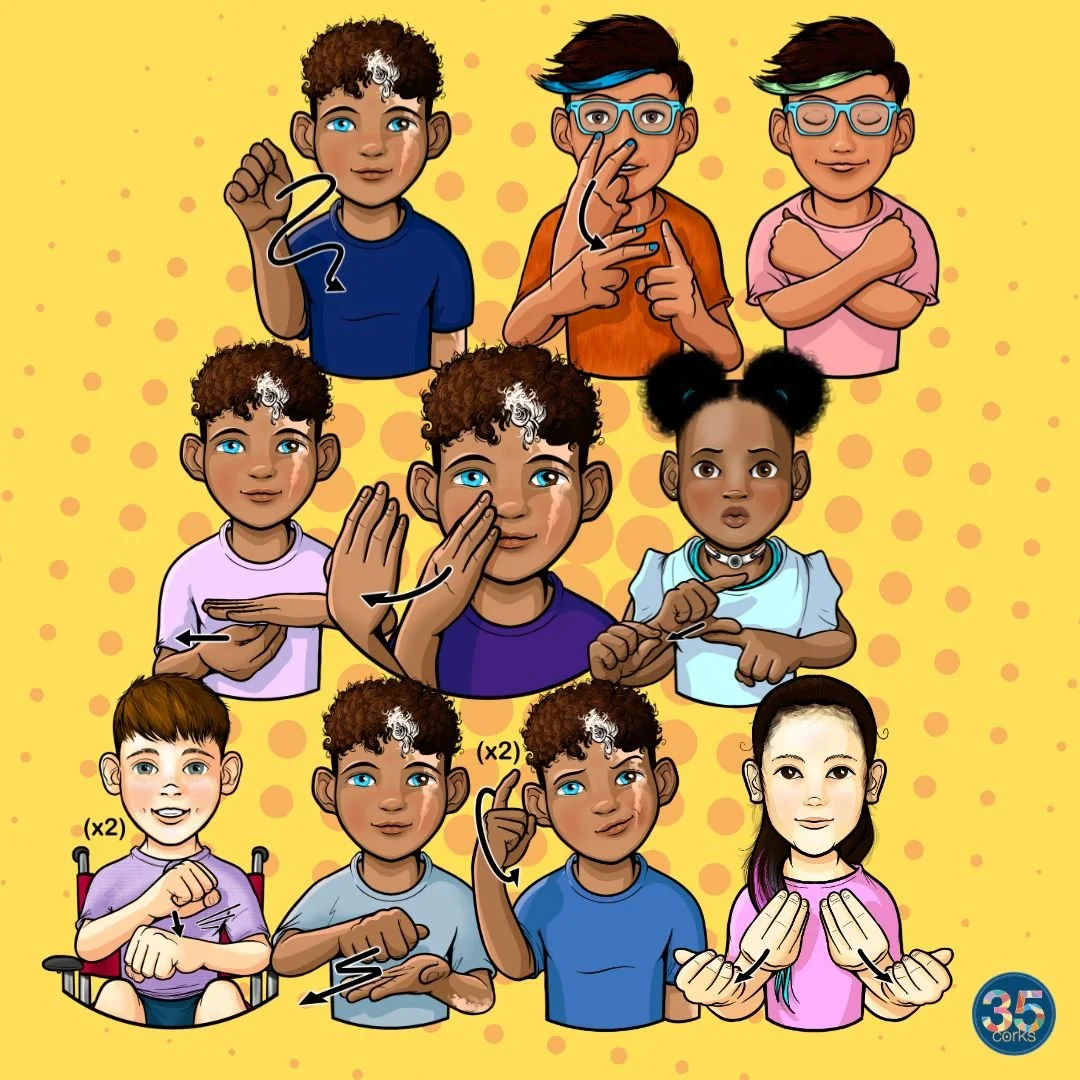 Various children illustrated, signing different ASL words, as part of the digital download, "More Action Words 2026" by 35 Corks Art Studio.