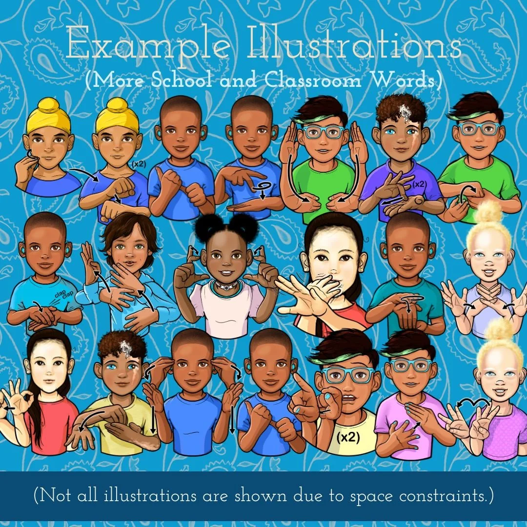 Variety of children signing ASL words, as drawn by 35 Corks Art Studio. (Copy)