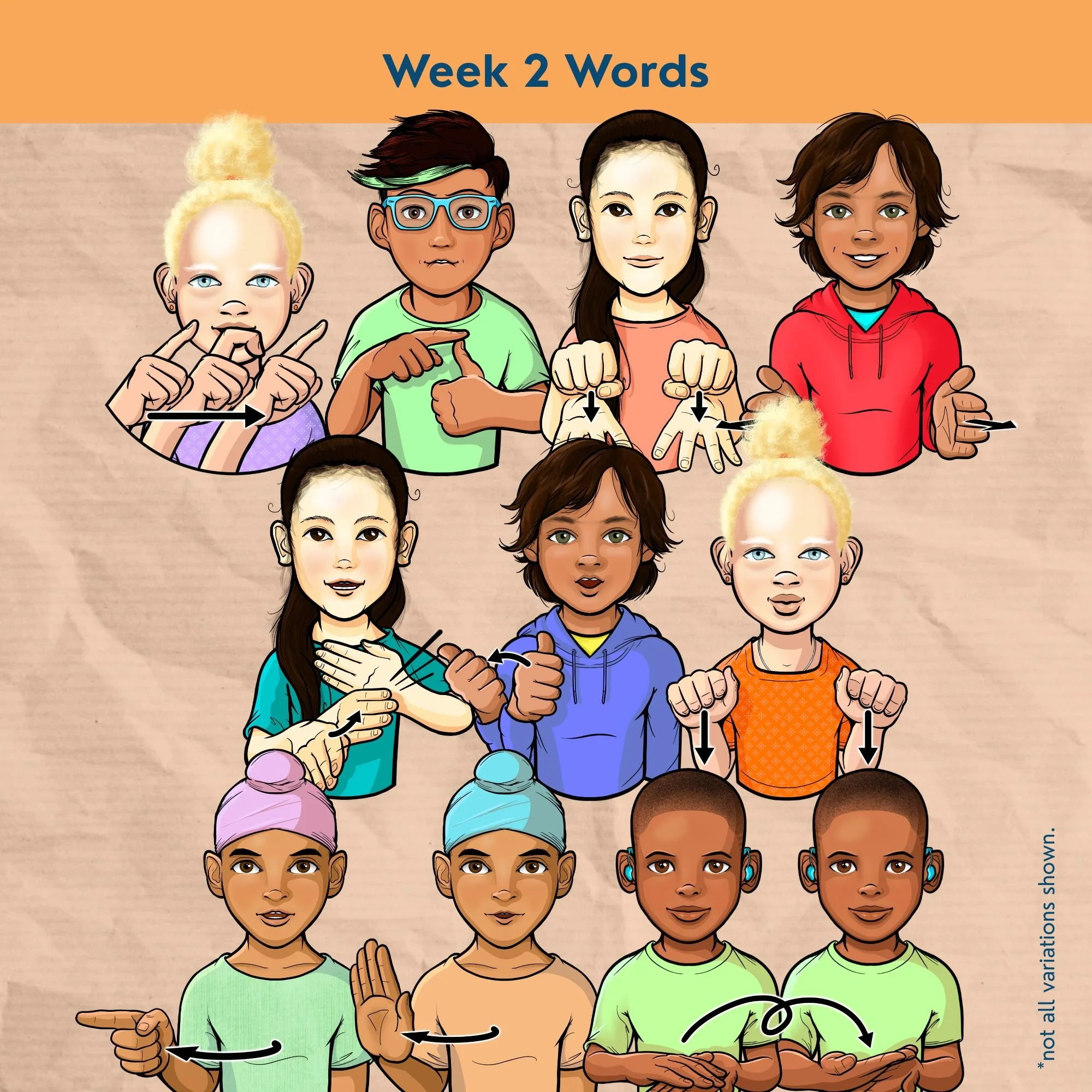 Various children signing Bedrock Literacy Year 2 words. This is a new ASL clip art set by 35 Corks Art Studio.
